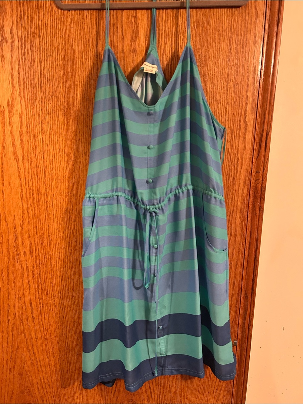 American Eagle Outfitters Teal & Navy Striped Spaghetti-Strap Dress
